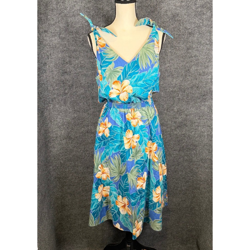 Vintage 80s Hilo Hattie Hawaiian Dress S Hibiscus Floral Bows Ruched Midi Resort